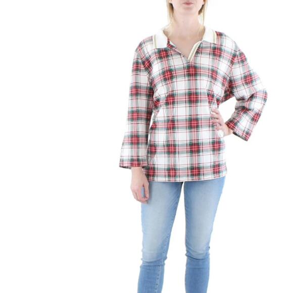 Tommy Hilfiger Womens Striped Collar Plaid Pullover Top Large NWT - Picture 1 of 3